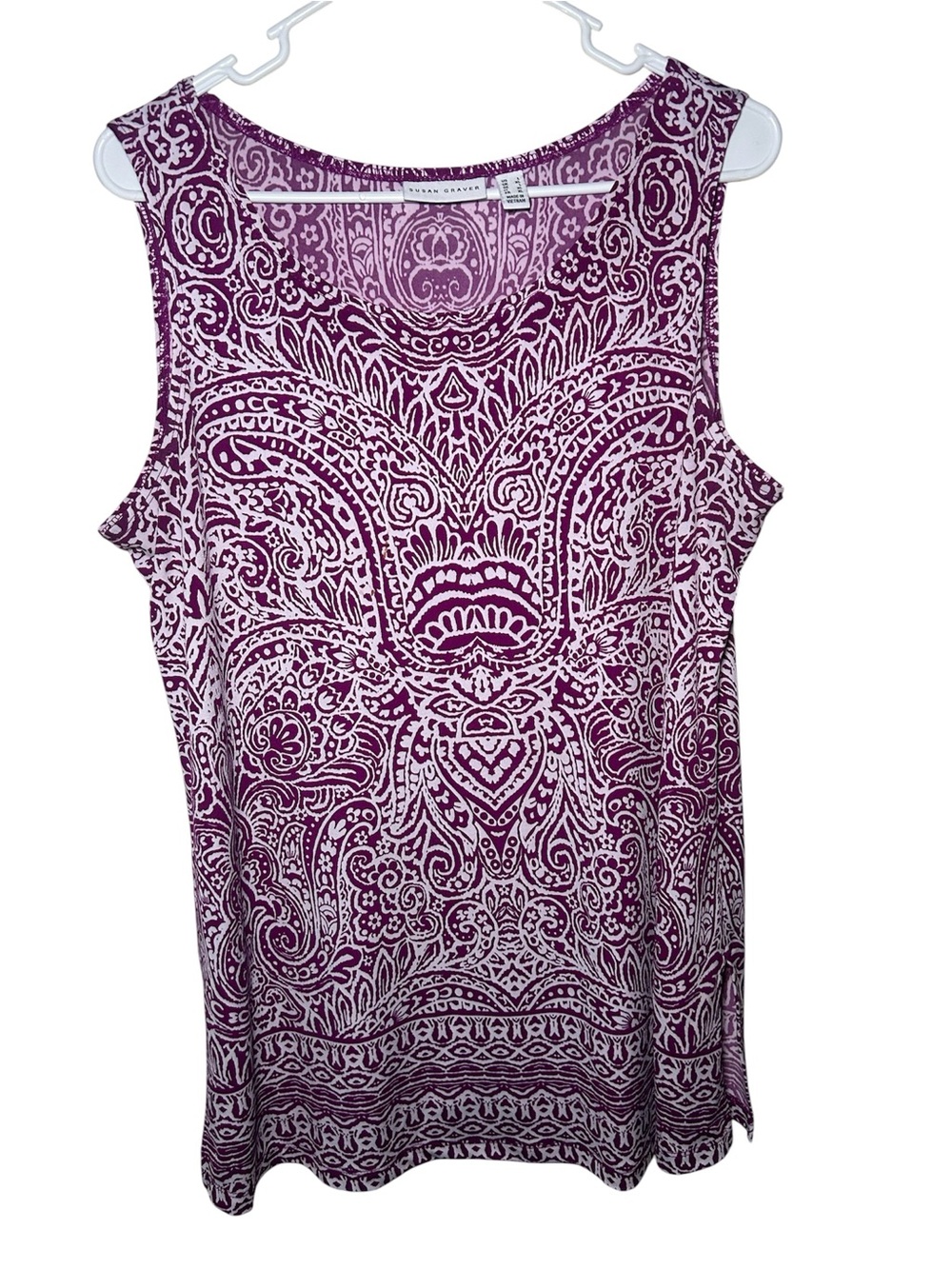 Susan Graver Sleeveless Purple Patterned Women's Tank Top Large Paisly Country
